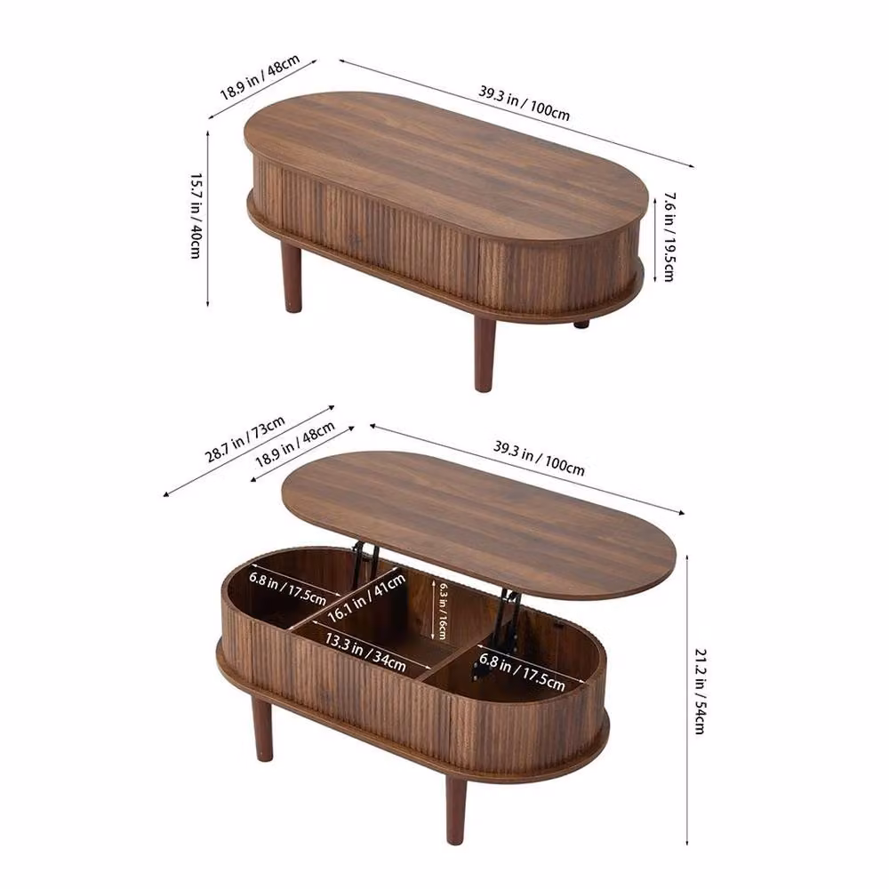 KORVIXA Walnut Oval Coffee Table with Lift Top and Storage in Brown, W: 100 cm, D: 100 cm, H: 54 cm – 2