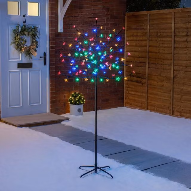 Christow LED Cherry Blossom Tree Christmas Decoration with 96 Multicolour LEDs, Silver, Height: 152.4 cm