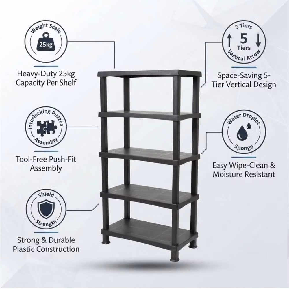 FORGEVIO 5 Tier Black Plastic Storage Shelving Unit – 4
