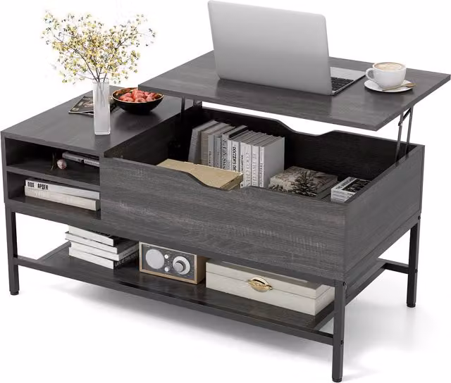 COSTWAY Grey Industrial Lift Top Coffee Table for Living Rooms