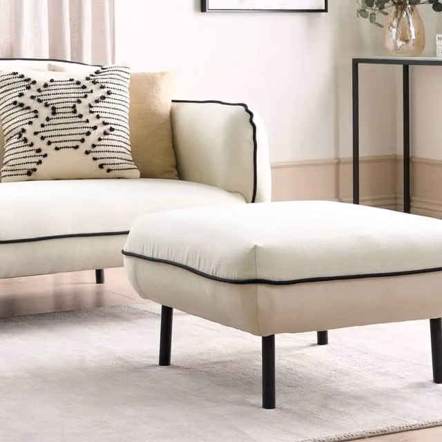 Wyld and Coco Square Ottoman Footstool in Light Beige with Black Edging – 1