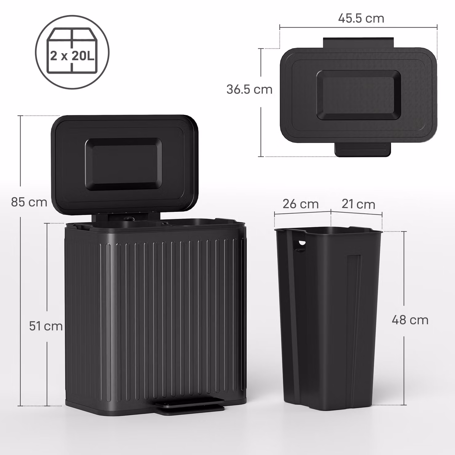 HOMCOM Dual Kitchen Pedal Bin with Soft-Close Lid and Fingerprint-proof Finish, Black, 2 x 20L – 3