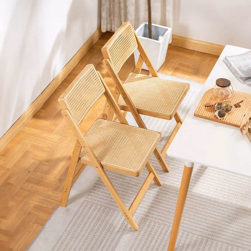 KORVIXA Set of 2 Mid-Century Folding Dining Chairs in Sand Rattan and Oak Wood – 2