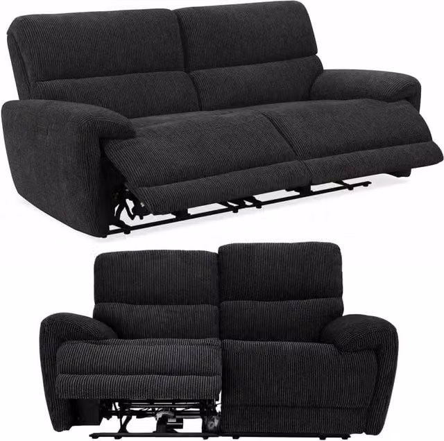 Furnishings For Less UK Carla Electric Reclining Sofa Suite (3 + 2 Seater) in Midnight Black Fabric with USB Charging – 1