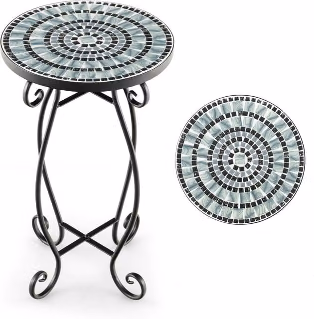 COSTWAY Mediterranean Mosaic Outdoor Side Table in Black and Multicolour with Ceramic Top and Metal X-Frame