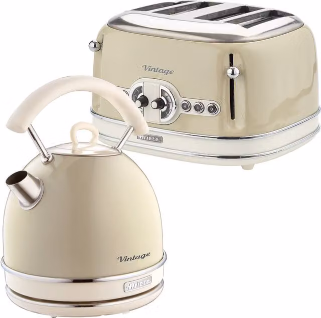 Ariete Dome Kettle and 4 Slice Toaster Set in Beige and Yellow Stainless Steel