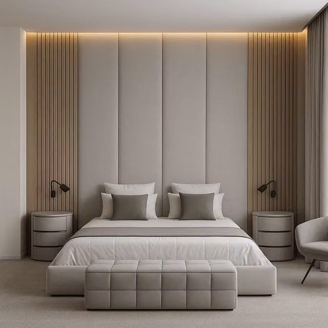 Stratus Interiors Floor to Ceiling Slatted Wall Panel Bed Frame in Beige, Super King Size