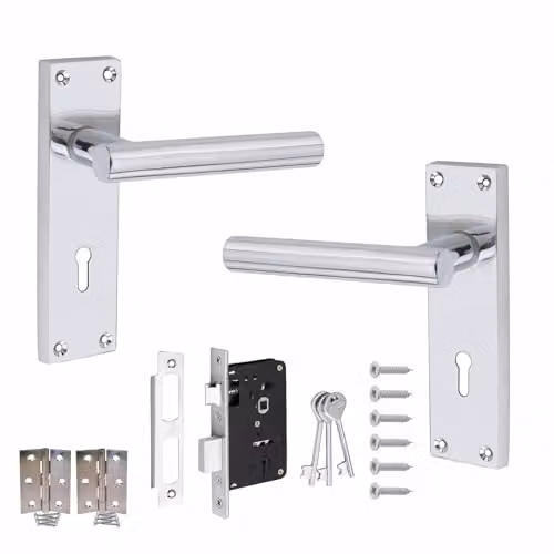Golden Grace Victorian Door Handle Set with Lock and Hinges in Chrome Silver