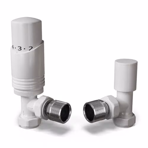UK Radiators Talus Bold White Angled Thermostatic Radiator Valve and Lockshield Set 1/2" x 15mm – 1