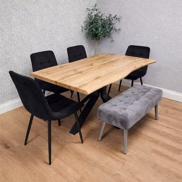 Kosy Koala Modern Brown Wood Dining Set with 4 Black Velvet Chairs and 1 Grey Velvet Bench