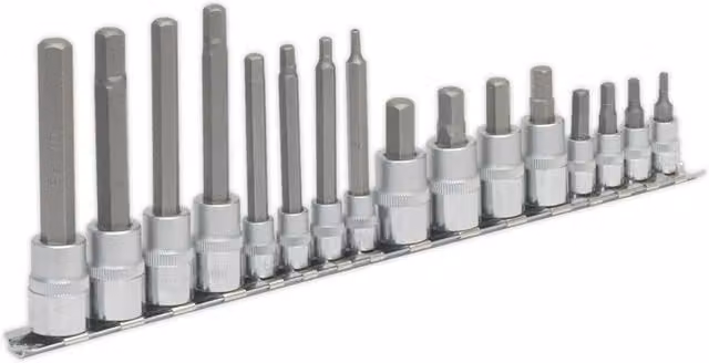 Loops 16pc Hex Socket Bit Set in Silver and Multicolour, 1/4" and 3/8" Square Drive, Chrome Vanadium