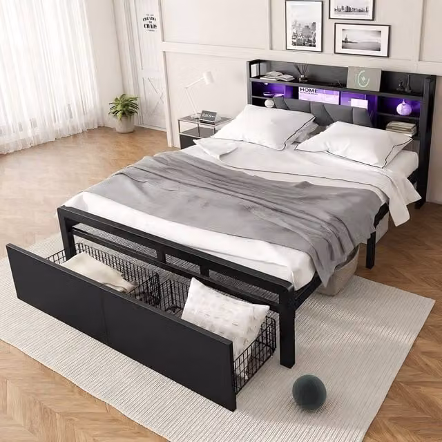 Merax Industrial Double Bed in Black and Grey with Under-Bed Lighting, USB Charging Ports and Drawers, W/D/H: 140 x 200 x 135 cm – 1