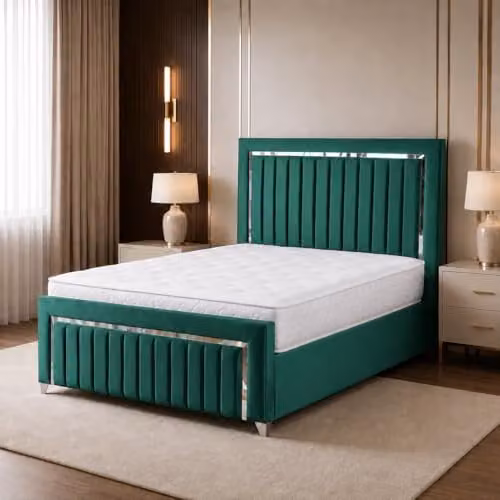 Living Comfort Bedz Zurich Plush Velvet Bed with Vertical Lined Headboard and Footboard in Green with Silver Trim, 6FT Super King, W/D/H: 200 x 180 x 122 cm