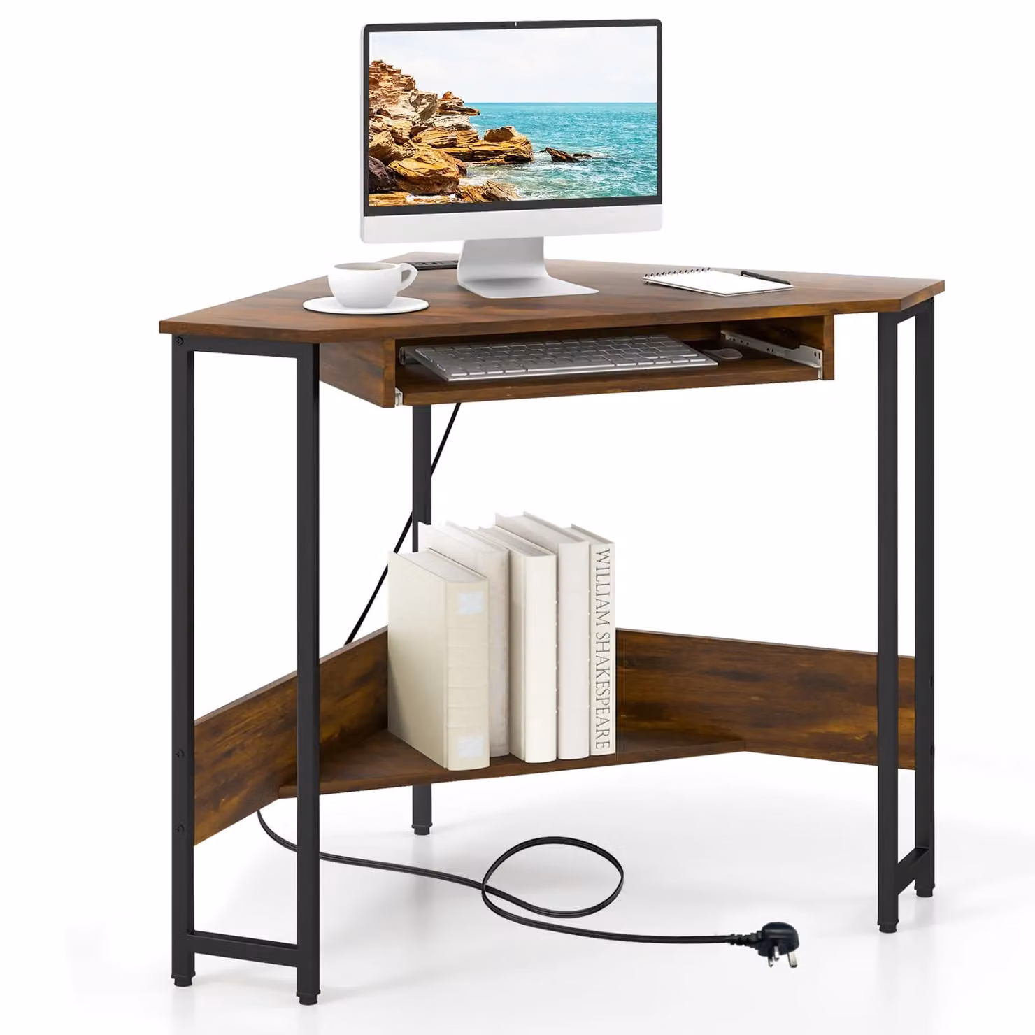 Gymax Industrial Corner Desk Workstation with Power Outlets, Keyboard Tray and Storage Shelf in Brown – 6