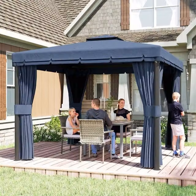 Outsunny Dark Blue Patio Gazebo Canopy Garden Pavilion Tent W: 300 cm x D: 300 cm x H: 300 cm