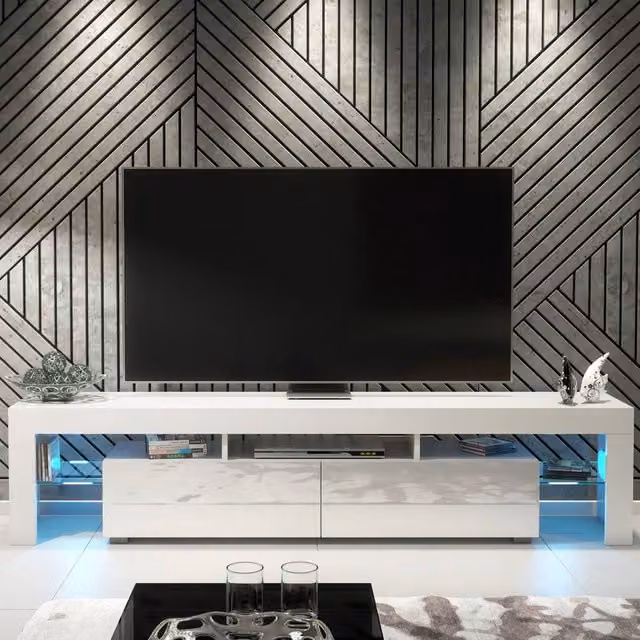 Creative Furniture Nova TV Unit in White with Glossy Doors and LED Lights, W/D/H: 200 x 35 x 45 cm