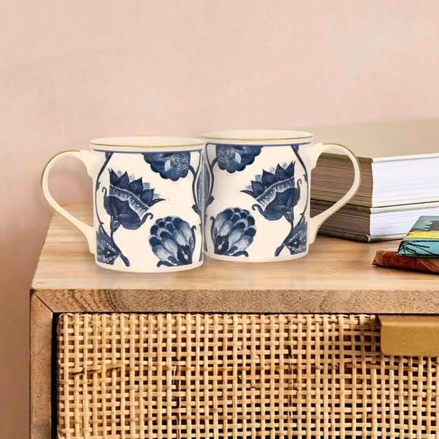 The Mia UK Floral Series Mugs in Blue, White and Gold