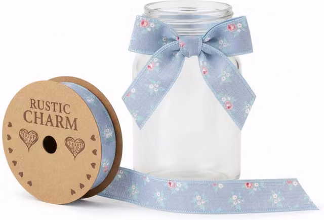 Kingsbury Gifts Vintage Elegance Blue Linen Look Floral Ribbon, W: 25 mm, L: 10 m