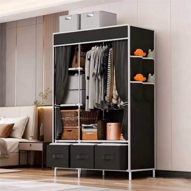 SPETLEK Large Black Fabric Canvas Freestanding Wardrobe with Doors and Drawers