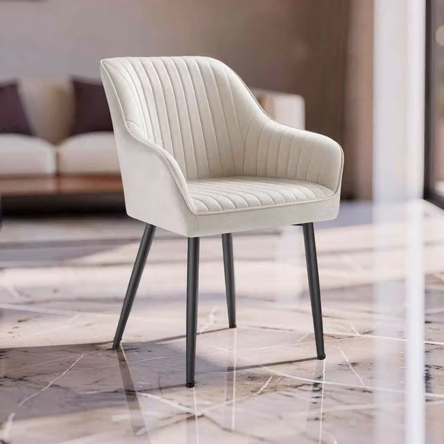 The Bazaarist Velvet Dining Chair with Armrests and Metal Legs in Beige and Black
