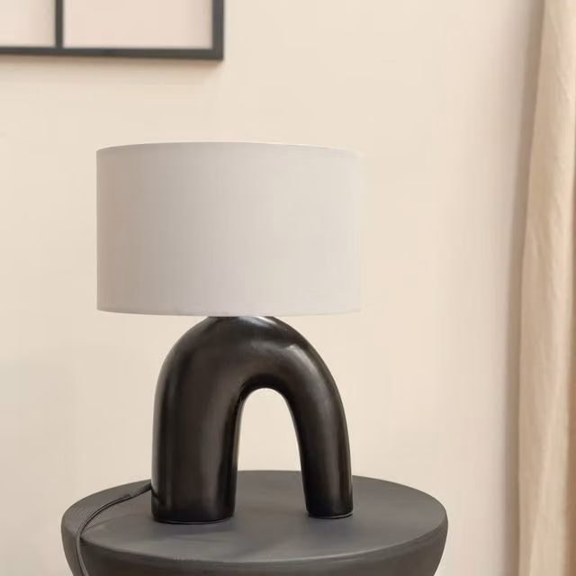 Lia Abstract Arch Ceramic Table Lamp with Fabric Drum Shade in Grey and Black