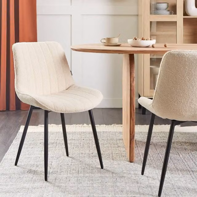 Wyld and Coco Set of 2 Armless Bouclé Dining Chairs in Light Beige with Black Metal Legs