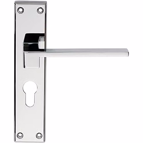 Pair of Loops Flat Straight Lever on Euro Backplate Door Handles in Polished Chrome, W: 180 mm, H: 40 mm