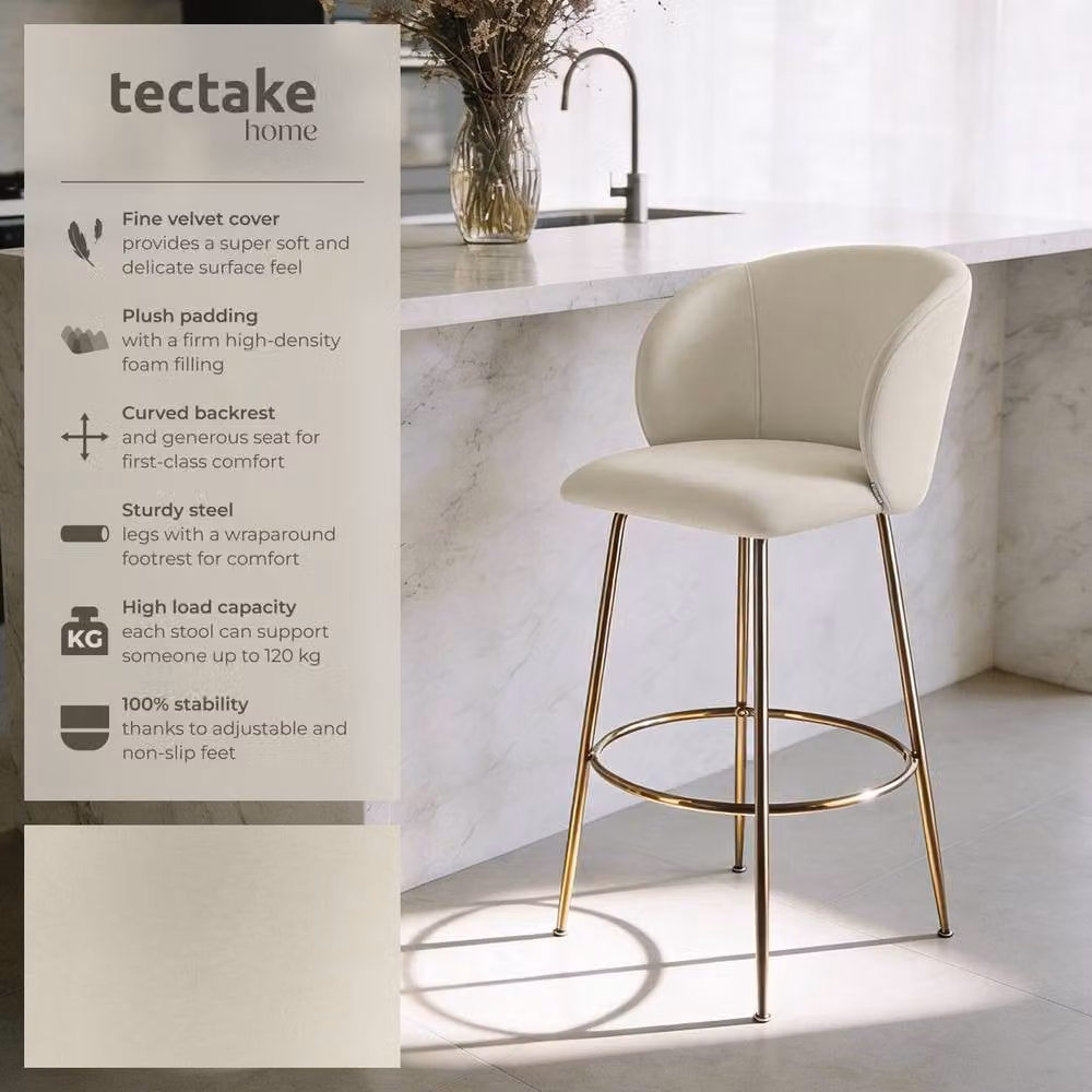 tectake Luana Bar Stool Set of 2 in Cream and Gold Velvet – 2