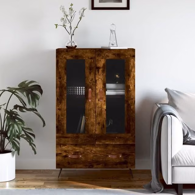 Berkfield Home Modern Smoked Oak Highboard in Brown with Glass Doors, W/D/H: 69.5 x 31 x 115 cm