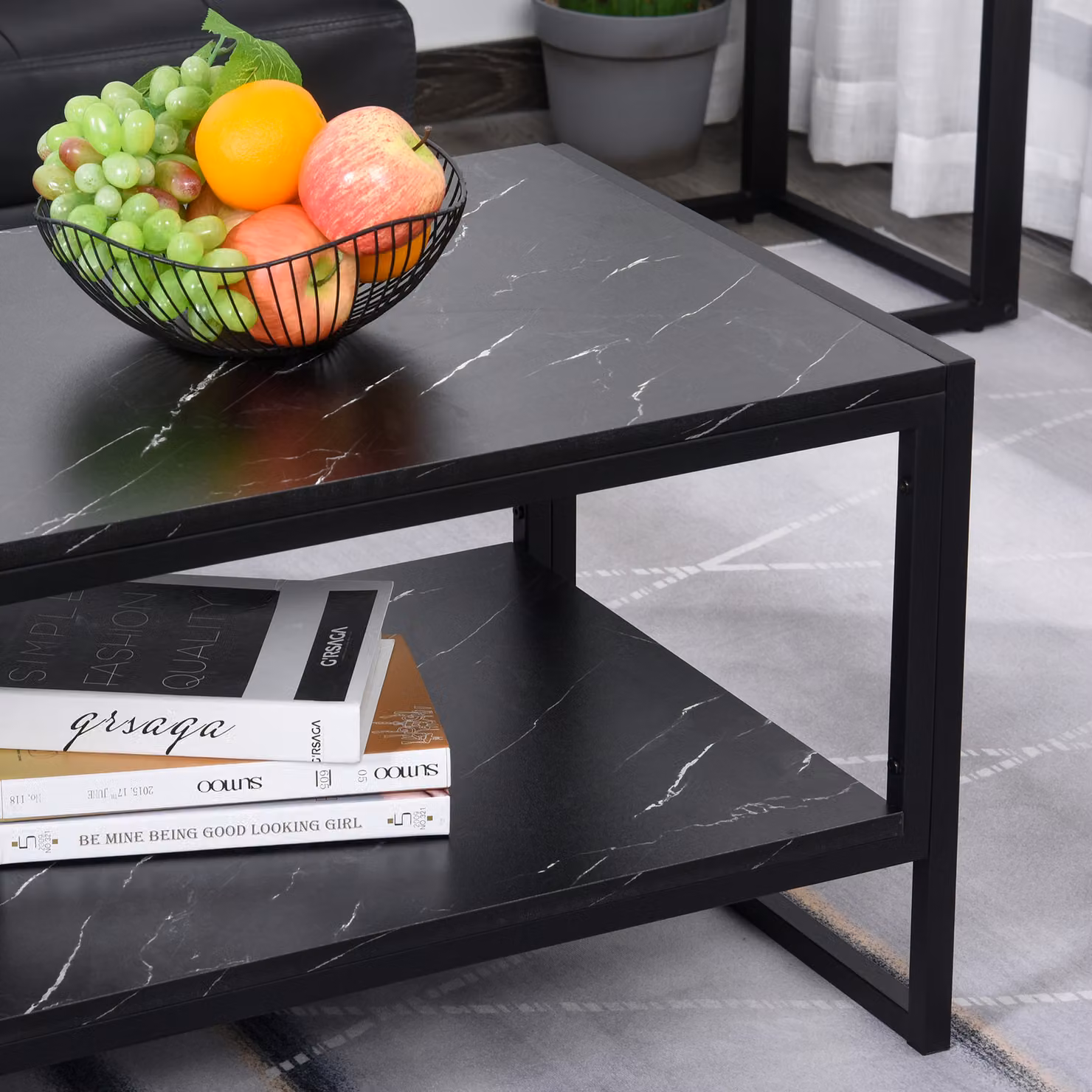 HOMCOM Elegant Two-Tier Coffee Table with Black Marble Print Laminate Top and Metal Frame – 7
