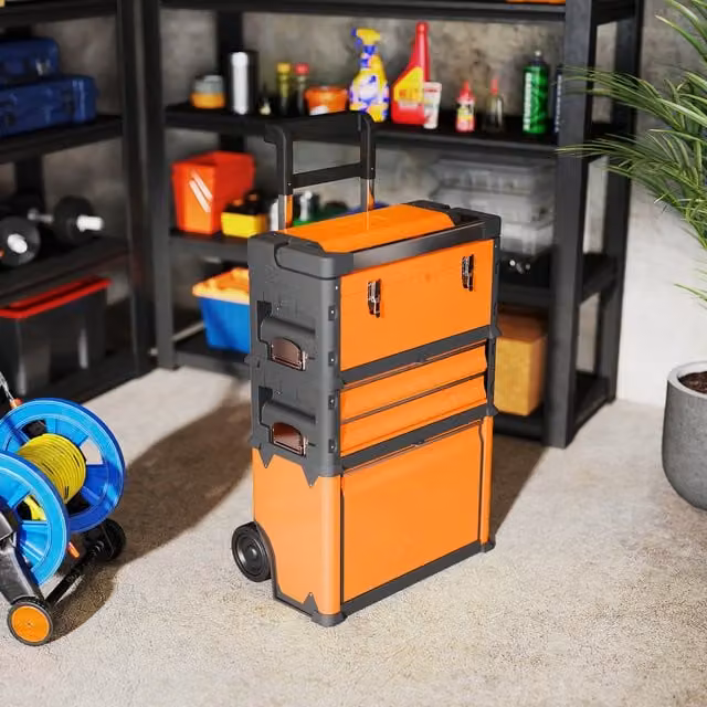 HOMCOM 3-in-1 Stackable Plastic Tool Box with Handles and Wheels, Orange