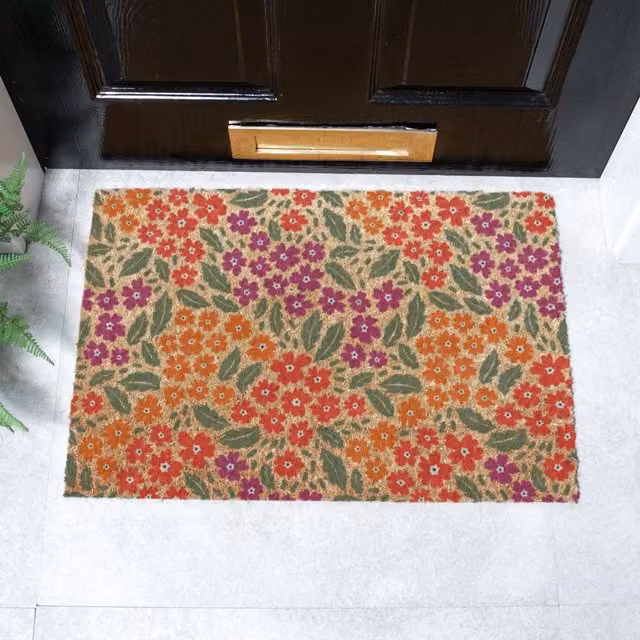 Artsy Mats Floral Pattern Coir Doormat in Brown and Multicolour, W: 60 cm, D: 40 cm