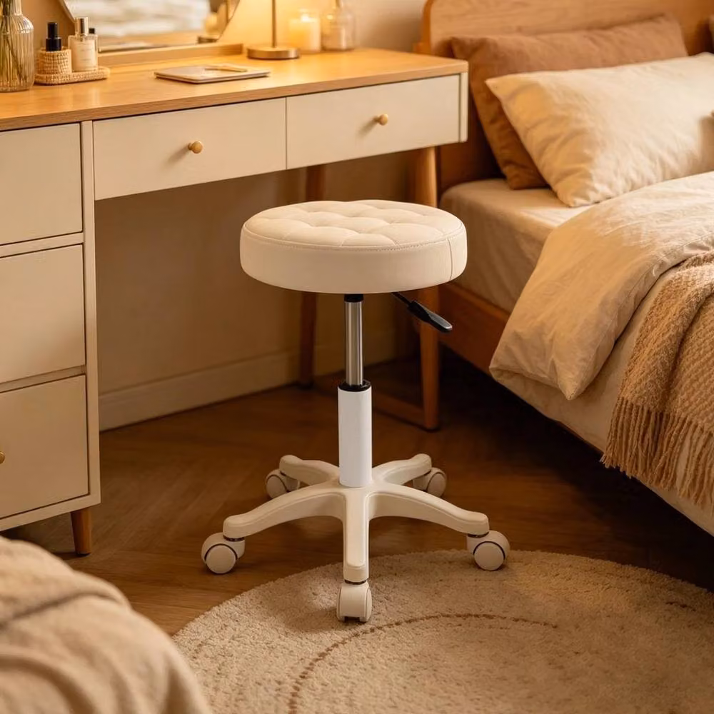 KORVIXA Adjustable Round Bar Stool in Beige Synthetic Leather with Castors – 2