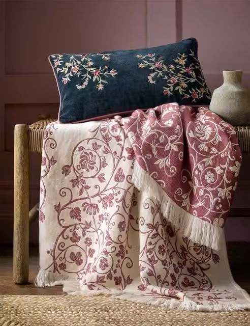 Historic Royal Palaces Tudor Trail Pink Floral Jacquard Cotton Throw with Fringes
