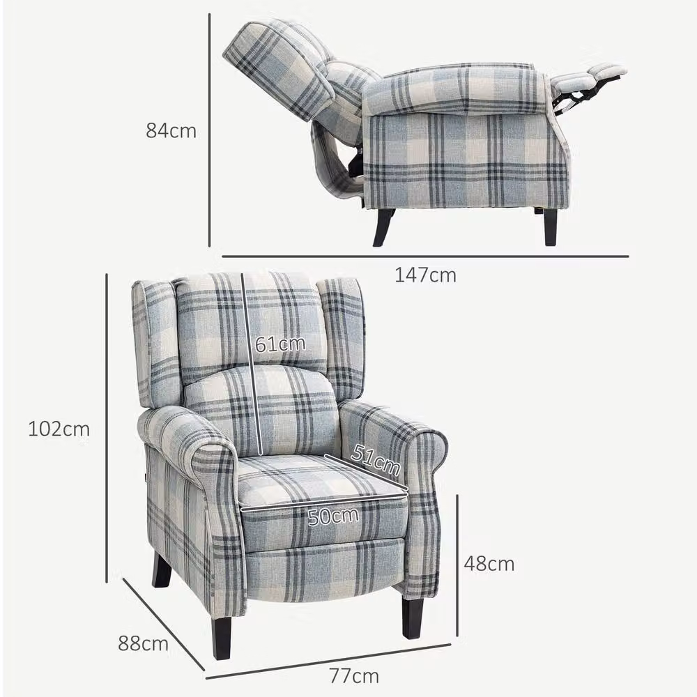 STILVORA Grey Checked Fabric Recliner Armchair with Integrated Ottoman and Footrest – 3