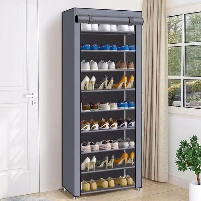 KORVIXA Grey 10-Tier Dustproof Shoe Cabinet with Roll Shutter, Capacity for 27 Pairs, H 155 x W 30 x D 60 cm