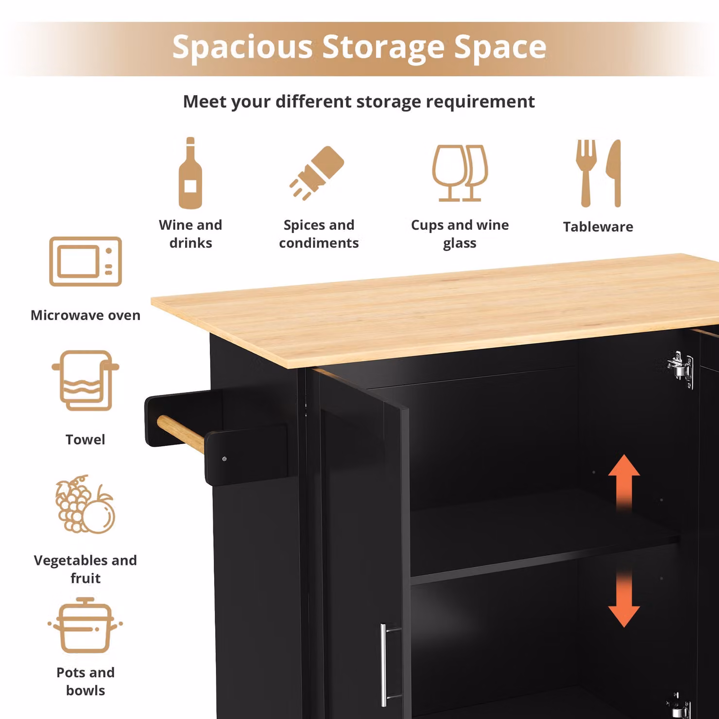 Aosom UK Black Rolling Kitchen Island Trolley with 3 Drawers, 2-Door Cabinet and Foldable Worktop, W: 70 cm, D: 70 cm, H: 90 cm – 4