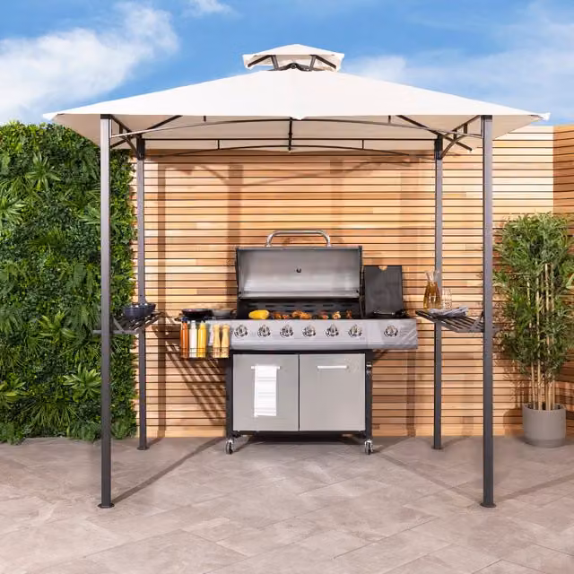 Charles Bentley Steel Grill Gazebo Outdoor Tent Shelter in Beige and Grey, W: 240 cm, D: 150 cm, H: 240 cm