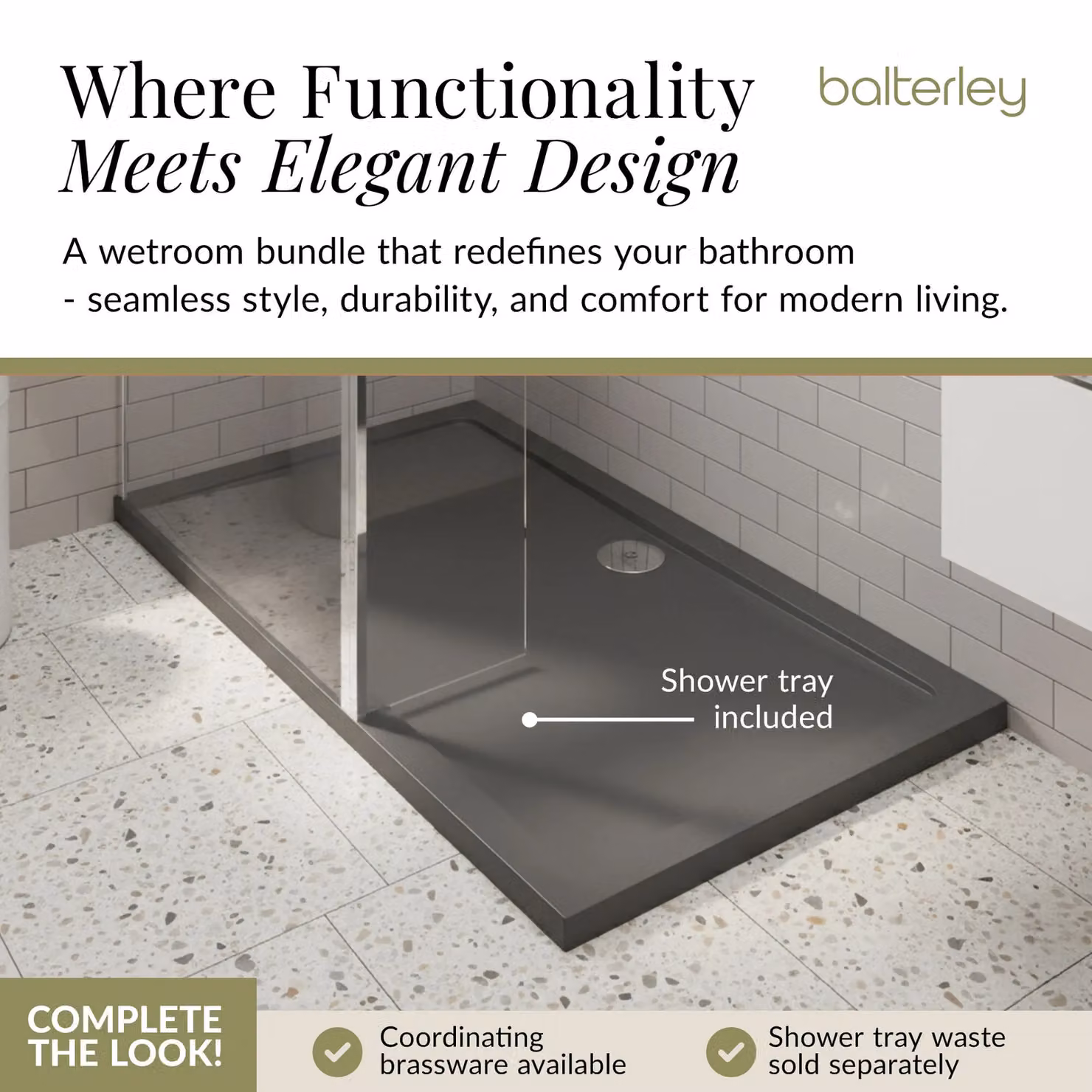 Balterley 8mm Glass Walk-In Wetroom Screen and Return with Chrome Frame and Grey Tray, W: 140 cm, D: 70 cm – 5