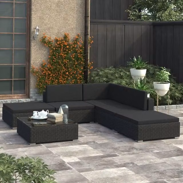 Berkfield Home 6 Piece Black Poly Rattan Garden Lounge Set with Cushions
