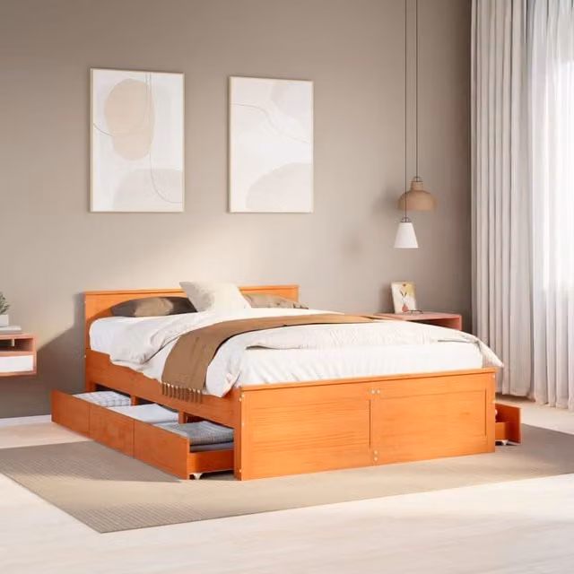 Berkfield Home Solid Wood Pine Bed Frame with Headboard in Wax Brown, W/D/H: 140 x 190 cm