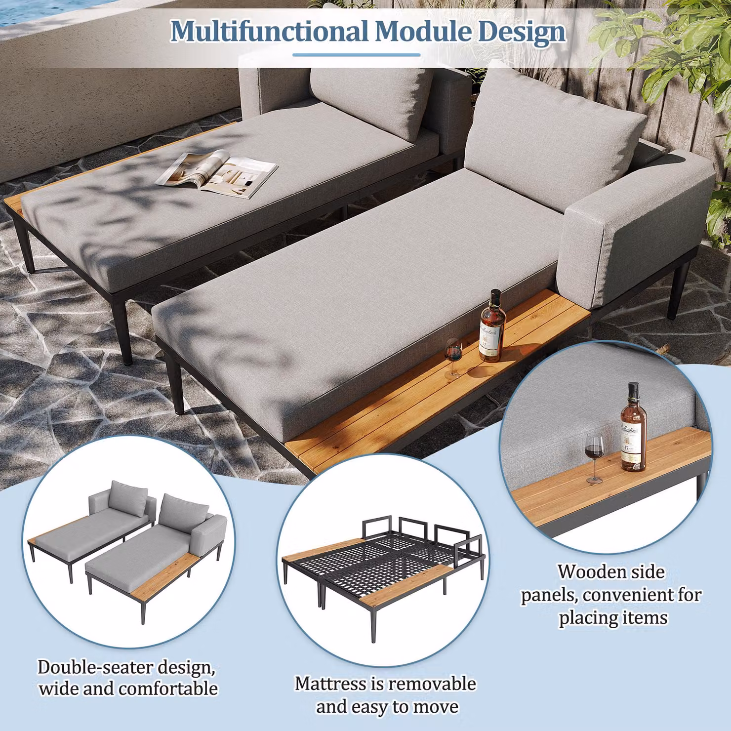 Aosom UK Modular Outdoor Double Chaise Lounge with Powder Coated Steel Frame, Grey, W: 140 cm, D: 150 cm, H: 55 cm – 5