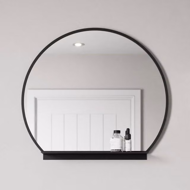 Bathwell Round Wall Mounted Bathroom Mirror with Shelf in Matt Black