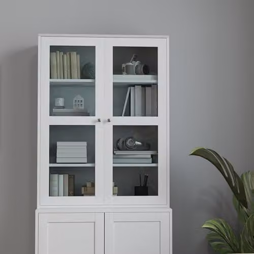 HOMCOM Modern White Bookcase with Glass Doors and Internal Shelves, H 178.5 x W 76.0 x D 40.0 cm – 4