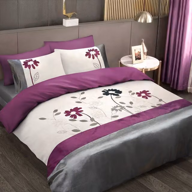 Intimates Luxury Floral Embellished Duvet Cover and Pillowcase Set in Grey, Purple, Blue and White, W: 180 cm x L: 200 cm