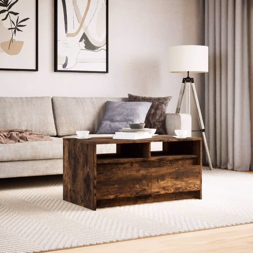Berkfield Home Rectangular Coffee Table with LED Lights in Smoked Oak Brown – 4