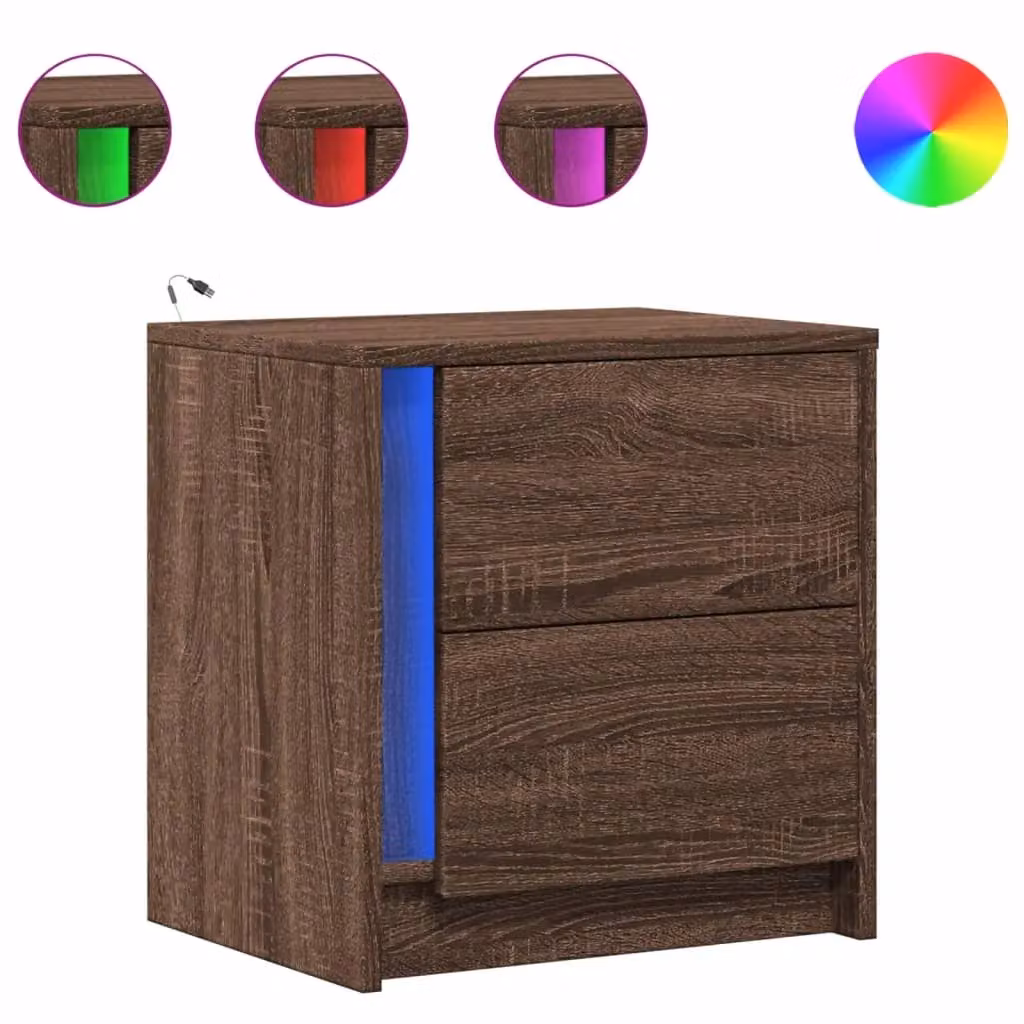 Berkfield Home Set of 2 Modern Brown Oak Bedside Cabinets with Integrated LED Lighting – 2