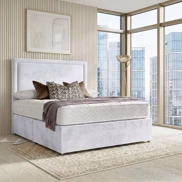 DS Living Velmont White Velvet Upholstered Divan Bed, W: 200 cm, D: 200 cm