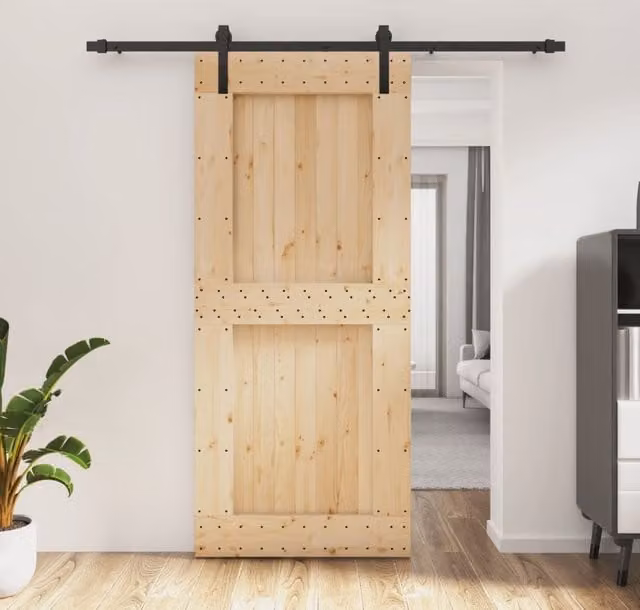 Berkfield Home Rustic Solid Wood Pine Sliding Door with Hardware Set, Brown, W: 90 cm, H: 210 cm