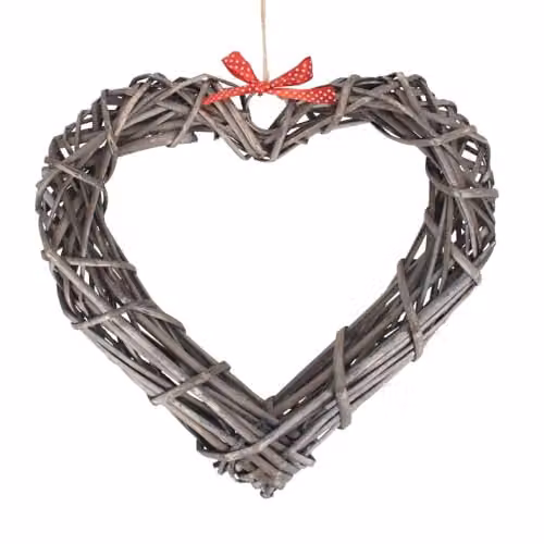 Red Hamper Wicker Heart Wreath with Red Dotted Ribbon in Grey, H28 x W6 x D30 cm